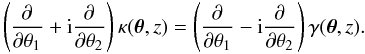 Mathematical equation: \begin{equation} \left(\parder{}{\theta_1} + \ii \parder{}{\theta_2}\right) \kappa(\vect{\theta}, z) = \left(\parder{}{\theta_1} - \ii \parder{}{\theta_2}\right) \gamma(\vect{\theta}, z). \label{eq:relation_kappa_gamma} \end{equation}