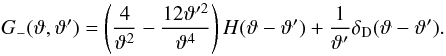 Mathematical equation: \begin{equation} \KerM(\vartheta,\vartheta') = \left(\frac{4}{\vartheta^2}-\frac{12\vartheta^{\prime 2}}{\vartheta^4}\right)H(\vartheta - \vartheta') + \frac{1}{\vartheta'}\DiracDelta(\vartheta - \vartheta'). \label{eq:kernel_xi_k_to_xi_m} \end{equation}