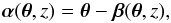 Mathematical equation: \begin{equation} \vect{\alpha}(\vect{\theta},z) = \vect{\theta} - \vect{\beta}(\vect{\theta},z), \label{eq:deflection_field} \end{equation}