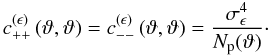 Mathematical equation: \begin{equation} c^{(\epsilon)}_{++}\left(\vartheta, \vartheta \right) = c^{(\epsilon)}_{--}\left(\vartheta, \vartheta \right) = \frac{\sigmaepsilongal^4}{\MeanNormSum(\vartheta)}\cdot \label{eq:c_epsilon} \end{equation}
