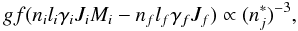 Mathematical equation: \begin{equation} \label{equ.gf} gf(n_il_i\gamma_iJ_iM_i-n_fl_f\gamma_fJ_f)\propto(n_j^*)^{-3} , \end{equation}