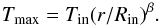 Mathematical equation: \begin{equation} \Tmax=\Tin (r/\Rin)^{\beta}. \end{equation}