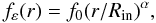 Mathematical equation: \begin{equation} \tauf(r)= f_0 (r/\Rin)^{\alpha}, \end{equation}