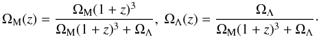 Mathematical equation: \appendix \setcounter{section}{1} \begin{equation} \Omega_{\rm M}(z)=\frac{\Omega_{\rm M}(1+z)^3}{\Omega_{\rm M}(1+z)^3+\Omega_{\Lambda}},\ \Omega_{\Lambda}(z)=\frac{\Omega_{\Lambda}}{\Omega_{\rm M}(1+z)^3+\Omega_{\Lambda}}\cdot \end{equation}