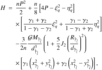 Mathematical equation: \begin{eqnarray} H & = & \frac{nP^2}{2}+\frac{n}{8}\left[4P-\xi_q^2-\eta_q^2\right] \nonumber \\ & & \times\left[\frac{\gamma_1+\gamma_2}{1-\gamma_1-\gamma_2}\xi_q^2+\frac{\gamma_1-\gamma_2}{1-\gamma_1+\gamma_2}\eta_q^2\right] \nonumber \\ & & -\frac{3}{2n}\frac{\mathcal{G}M_{\protect\saturn}}{d_{\protect\saturn}^3}\left(1+\frac{5}{2}J_{2{}}\left(\frac{R_{\protect\saturn}}{d_{\protect\saturn}}\right)^2\right) \nonumber \\ & & \times \left[\gamma_1\left(x_{\protect\saturn}^2+y_{\protect\saturn}^2\right)+\gamma_2\left(x_{\protect\saturn}^2-y_{\protect\saturn}^2\right)\right], \label{equ:Htotal} \end{eqnarray}