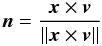 Mathematical equation: \begin{equation} \label{equ:vecnorm} \vec{n}=\frac{\vec{x}\times\vec{v}}{||\vec{x}\times\vec{v}||} \end{equation}