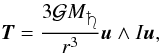 Mathematical equation: \begin{equation} \vec T = \frac{3\mathcal{G}M_{\protect\saturn}}{r^3} \vec u \wedge I \vec u, \end{equation}