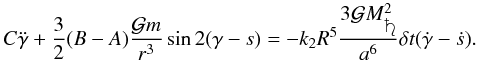 Mathematical equation: \begin{equation} C \ddot \gamma + \frac{3}{2} (B-A) \frac{\mathcal{G}m}{r^3} \sin{2(\gamma - s)} = -k_2 R^5 \frac{3 \mathcal{G}M_{\protect\saturn}^2}{a^6} \delta t ( \dot{\gamma} - \dot{s} ). \label{eq:gammalindissip} \end{equation}