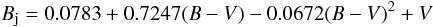 Mathematical equation: \begin{equation} B_{\mathrm{j}} = 0.0783+0.7247(B-V)-0.0672(B-V)^2+V \label{Bj} \end{equation}