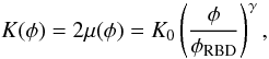 Mathematical equation: \begin{equation} K (\phi) = 2 \mu(\phi) = K_0 \left( \frac{\phi}{\phirbd} \right)^\gamma, \label{eq:bulk-modulus} \end{equation}