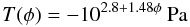 Mathematical equation: \begin{equation} T(\phi) = - 10^{2.8 + 1.48\phi}~{\rm Pa} \; \end{equation}