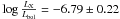 Mathematical equation: \hbox{$\log{\frac{L_{\rm X}}{L_{\rm bol}}} = -6.79 \pm 0.22$}