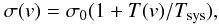 Mathematical equation: \begin{equation} \label{specnoiseeqn} \sigma(v) = \sigma_0 (1 + T(v)/T_{\mathrm{sys}}), \end{equation}
