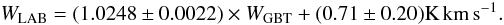 Mathematical equation: \begin{equation} W_{\rm LAB} = ( 1.0248 \pm 0.0022 ) \times W_{\rm GBT} + ( 0.71 \pm 0.20 ) {\rm K} \, \kms. \label{lab_match_with_aWC} \end{equation}