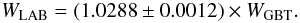 Mathematical equation: \begin{equation} W_{\rm LAB} = ( \labvsgbtratio \pm 0.0012 ) \times W_{\rm GBT}. \label{lab_match_zero_a} \end{equation}