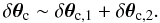 Mathematical equation: \begin{equation} \delta\vec\theta_\text{c}\sim\delta\vec\theta_\text{c,1}+\delta\vec\theta_\text{c,2}. \end{equation}