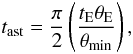 Mathematical equation: \begin{equation} t_\text{ast}=\frac{\pi}{2}\left(\frac{t_\text{E}\theta_\text{E}}{\theta_\text{min}}\right), \label{equ::t_ast} \end{equation}