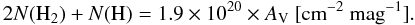 Mathematical equation: \begin{equation} 2N(\mathrm{H}_2)+N(\mathrm{H}) = 1.9 \times 10^{20} \times A_\mathrm{V} \mathrm{\ [cm}^{-2} ~\mathrm{mag}^{-1}\mathrm{]} . \label{eq:bohlin} \end{equation}