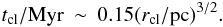 Mathematical equation: \begin{eqnarray} t_{\rm cl}/\mbox{Myr} &\sim& 0.15 (r_{\rm cl}/\mbox{pc})^{3/2} . \end{eqnarray}