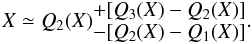 Mathematical equation: \begin{equation} X\simeq Q_2(X)_{\displaystyle-[Q_2(X)-Q_1(X)]}^{\displaystyle+[Q_3(X)-Q_2(X)]}. \label{eq:median} \end{equation}