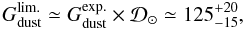 Mathematical equation: \begin{equation} G_{\rm dust}^{\rm lim.}\simeq G_{\rm dust}^{\rm exp.}\times\mathcal{D}_\odot \simeq125_{-15}^{+20}, \label{eq:Glim} \end{equation}