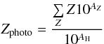 Mathematical equation: \begin{equation} Z_{\rm photo}=\frac{\sum\limits _{Z}Z10^{A_{Z}}}{10^{A_{\rm H}}} \end{equation}