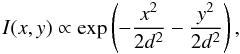 Mathematical equation: \begin{equation} I(x,y)\propto\exp\left(-\frac{x^{2}}{2d^{2}}-\frac{y^{2}}{2d^{2}}\right), \label{eq:I_xy} \end{equation}