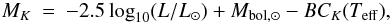 Mathematical equation: \begin{eqnarray} M_{K} &=& -2.5\log_{10}(L/L_{\odot}) + M_{\rm bol,\odot} - BC_{K}(T_{\rm eff}), \end{eqnarray}