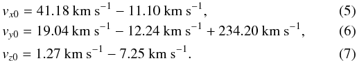 Mathematical equation: \begin{eqnarray} \label{eq:v1}&& v_{x0} = 41.18 \ {\rm km \ s}^{-1} - 11.10 \ {\rm km \ s}^{-1}, \\ \label{eq:v2}&& v_{y0} = 19.04 \ {\rm km \ s}^{-1} - 12.24 \ {\rm km \ s}^{-1} + 234.20 \ {\rm km \ s}^{-1}, \\ \label{eq:v3}&& v_{z0} = 1.27 \ {\rm km \ s}^{-1} - 7.25 \ {\rm km \ s}^{-1}. \end{eqnarray}