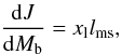 Mathematical equation: \begin{equation} \frac{{\rm d}J}{{\rm d}M_{\rm b}} = x_{\rm l} l_{\rm ms}, \label{eq:acc_isco} \end{equation}