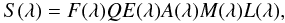 Mathematical equation: \begin{eqnarray} \label{eq:transm_c} S(\lambda)=F(\lambda) QE(\lambda) A(\lambda) M(\lambda) L(\lambda), \end{eqnarray}