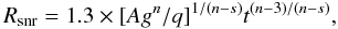 Mathematical equation: \begin{equation} \label{eq:rblast} R_{\rm snr} = 1.3\times[A g^n/q]^{1/(n-s)}t^{\left(n-3)/(n-s\right)}, \end{equation}
