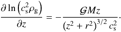Mathematical equation: \appendix \setcounter{section}{2} \begin{equation} \frac{\partial \, \mathrm{ln}\left(\cs^{2} \rhog \right)}{\partial z} = - \frac{\gm z}{\left(\dd \right)^{3/2} \cs^2}\cdot \label{eqhydroext} \end{equation}