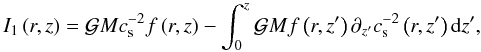Mathematical equation: \appendix \setcounter{section}{2} \begin{equation} I_{1}\left(r,z\right) = \gm \cs^{-2} f\left(r,z \right) - \int_{0}^{z} \gm f\left(r,z'\right)\diffzp \cs^{-2}\left(r,z'\right) \mathrm{d}z', \label{intpart} \end{equation}