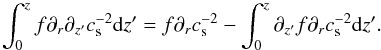 Mathematical equation: \appendix \setcounter{section}{2} \begin{equation} \int_{0}^{z} f \diffr \diffzp \cs^{-2} \mathrm{d}z' = f\diffr \cs^{-2} - \int_{0}^{z} \diffzp f \diffr \cs^{-2} \mathrm{d}z'. \label{intparttrick} \end{equation}