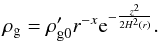 Mathematical equation: \appendix \setcounter{section}{2} \begin{equation} \rhog = \rhogp r^{-x} \mathrm{e}^{-\frac{z^2}{2 H^{2}\left(r \right)}}. \label{setrho} \end{equation}