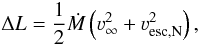 Mathematical equation: \begin{equation} \label{eq:mcdeltal} \Delta L = \frac{1}{2} \mdot \left(\vinf^2 + \varv_{\rm esc,N}^2\right), \end{equation}