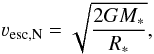 Mathematical equation: \begin{equation} \label{eq:vesc} \varv_{\rm esc,N} = \sqrt{\frac{2GM_*}{R_*}}, \end{equation}