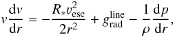 Mathematical equation: \begin{equation} \label{eq:motion} v \frac{{\rm d}v}{{\rm d}r} = -\frac{R_* \vesc^2}{2 r^2} + \gline - \frac{1}{\rho}\frac{{\rm d} p}{{\rm d} r}, \end{equation}