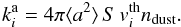 Mathematical equation: \begin{equation} k_i^\mathrm{a}=4\pi \langle a^2\rangle\,S\,v_i^\mathrm{th}n_\mathrm{dust} . \end{equation}