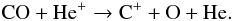 Mathematical equation: \begin{equation} \label{co-2} \mathrm{CO+He^+\to C^++O+He} . \end{equation}