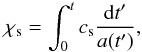 Mathematical equation: \begin{equation} \chi_{\rm s}=\int_0^tc_{\rm s}\frac{{\rm d}t^\prime}{a(t^\prime)}, \end{equation}
