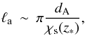 Mathematical equation: \begin{eqnarray} \ell_{\rm a}&\sim &\pi \frac{d_{\rm A}}{\chi_{\rm s}(z_*)}, \label{acoustic} \end{eqnarray}