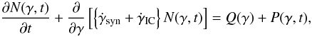 Mathematical equation: \begin{equation} \frac{\partial N(\gamma,t)}{\partial t} + \frac{\partial }{\partial \gamma} \left[ \left\{ \dot{\gamma}_{\rm syn} + \dot{\gamma}_{\rm IC}\right\} N(\gamma,t) \right] = Q(\gamma) + P(\gamma, t), \end{equation}