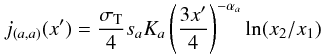 Mathematical equation: \appendix \setcounter{section}{2} \begin{equation} j_{(a,a)}(x') = \frac{\sigma_{\rm T}}{4} s_a K_a \left( \frac{3 x'}{4}\right)^{-\alpha_a} \ln(x_2/x_1) \label{eq_com_aa} \end{equation}