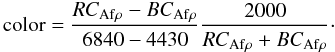 Mathematical equation: \begin{equation} \label{Afrho_formula} {\rm color} = \frac{RC_{\rm Af\rho}-BC_{\rm Af\rho}}{6840-4430}\frac{2000}{RC_{\rm Af\rho}+BC_{\rm Af\rho}}\cdot \end{equation}