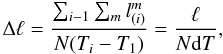 Mathematical equation: $$ \Delta\ell=\frac{\sum_{i-1}\sum_{m}l^{m}_{(i)}}{{N(T_{i}-T_{1})}}=\frac{\ell}{N{\rm d}T}, $$