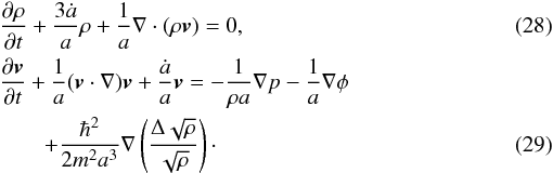 Mathematical equation: \begin{eqnarray} \label{qep5} &&\frac{\partial\rho}{\partial t}+\frac{3\dot a}{a}\rho+\frac{1}{a}\nabla\cdot (\rho {\vec v})=0, \\ \label{qep6} &&\frac{\partial {\vec v}}{\partial t}+\frac{1}{a}({\vec v}\cdot \nabla){\vec v}+\frac{\dot a}{a}{\vec v}=-\frac{1}{\rho a}\nabla p-\frac{1}{a}\nabla\phi\nonumber\\ &&\qquad +\frac{\hbar^2}{2m^2a^3}\nabla \left (\frac{\Delta \sqrt{\rho}}{\sqrt{\rho}}\right )\cdot \end{eqnarray}
