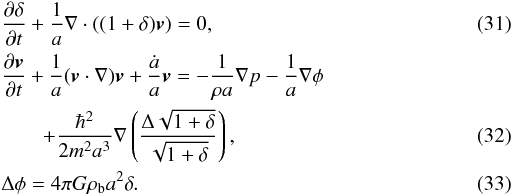 Mathematical equation: \begin{eqnarray} \label{qep8} &&\frac{\partial\delta}{\partial t}+\frac{1}{a}\nabla\cdot ((1+\delta) {\vec v})=0, \\ \label{qep9} &&\frac{\partial {\vec v}}{\partial t}+\frac{1}{a}({\vec v}\cdot \nabla){\vec v}+\frac{\dot a}{a}{\vec v}=-\frac{1}{\rho a}\nabla p-\frac{1}{a}\nabla\phi\nonumber\\ &&\qquad+\frac{\hbar^2}{2m^2a^3}\nabla \left (\frac{\Delta \sqrt{1+\delta}}{\sqrt{1+\delta}}\right ), \\ \label{qep10} &&\Delta\phi=4\pi G \rho_{\rm b} a^2 \delta. \end{eqnarray}