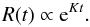 Mathematical equation: \begin{equation} \label{cos11} R(t)\propto {\rm e}^{Kt}. \end{equation}
